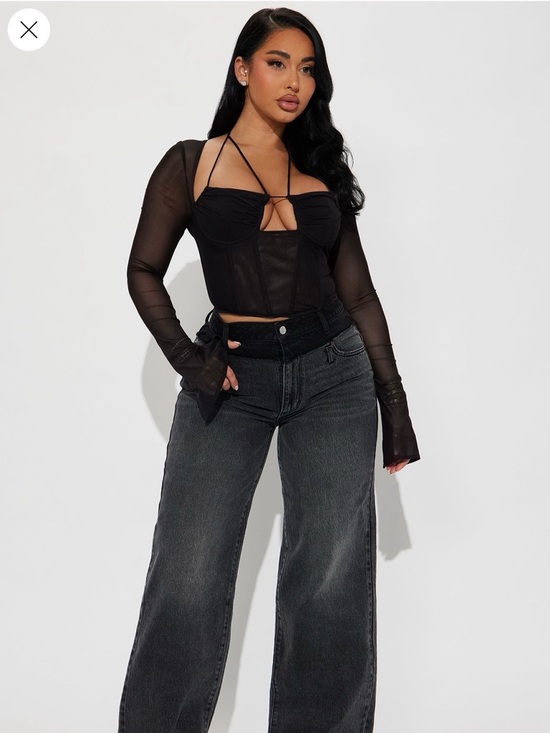 Fashion Nova Black Mesh Long Sleeve Corset Crop Top - Picture 3 of 4